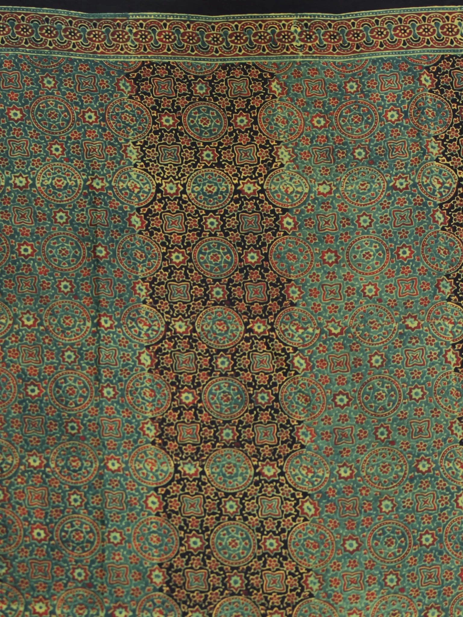 Green Black Red Ajrakh Hand Block Printed Modal Silk Saree - S031704131