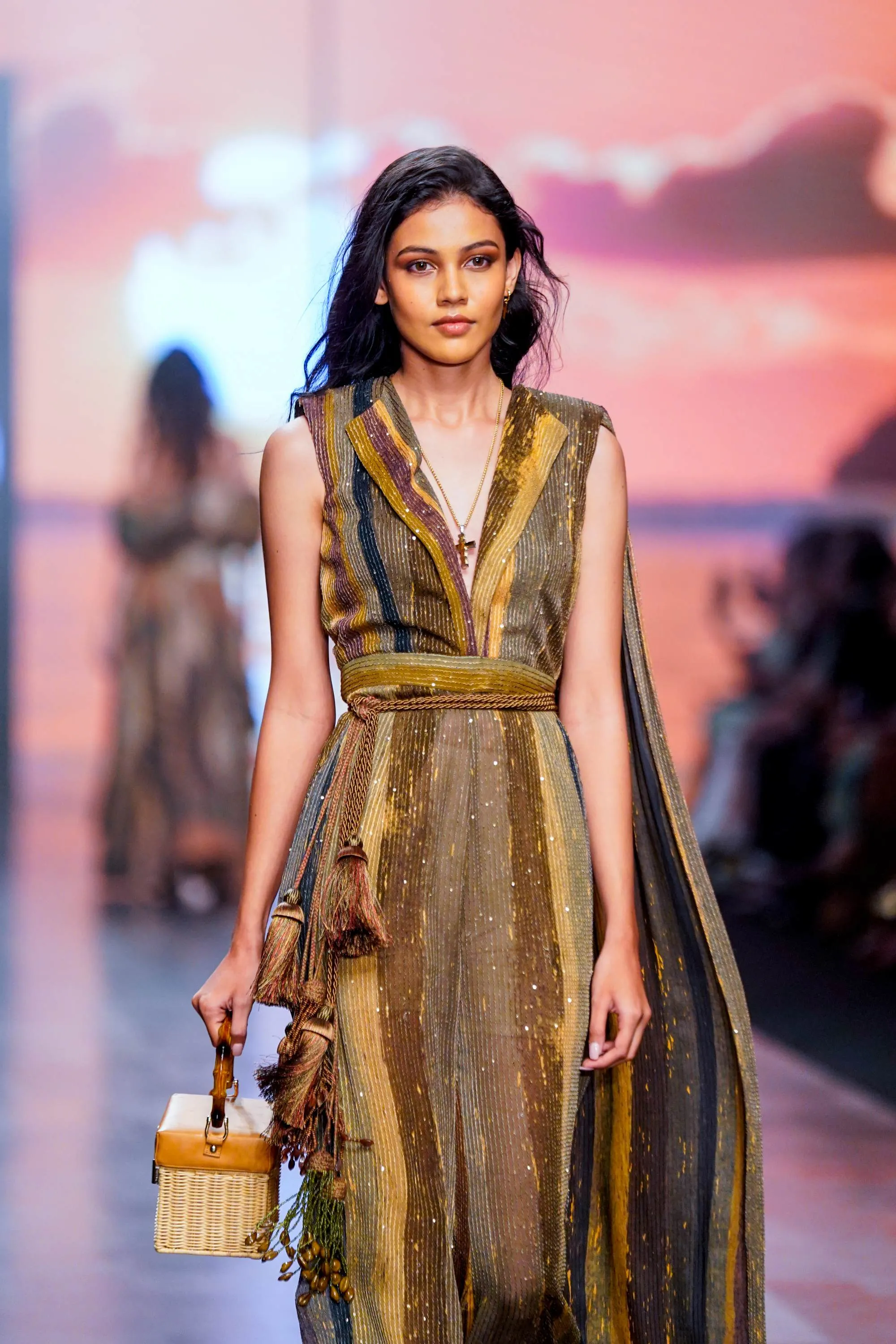 Green Stripe Print Jumpsuit Saree