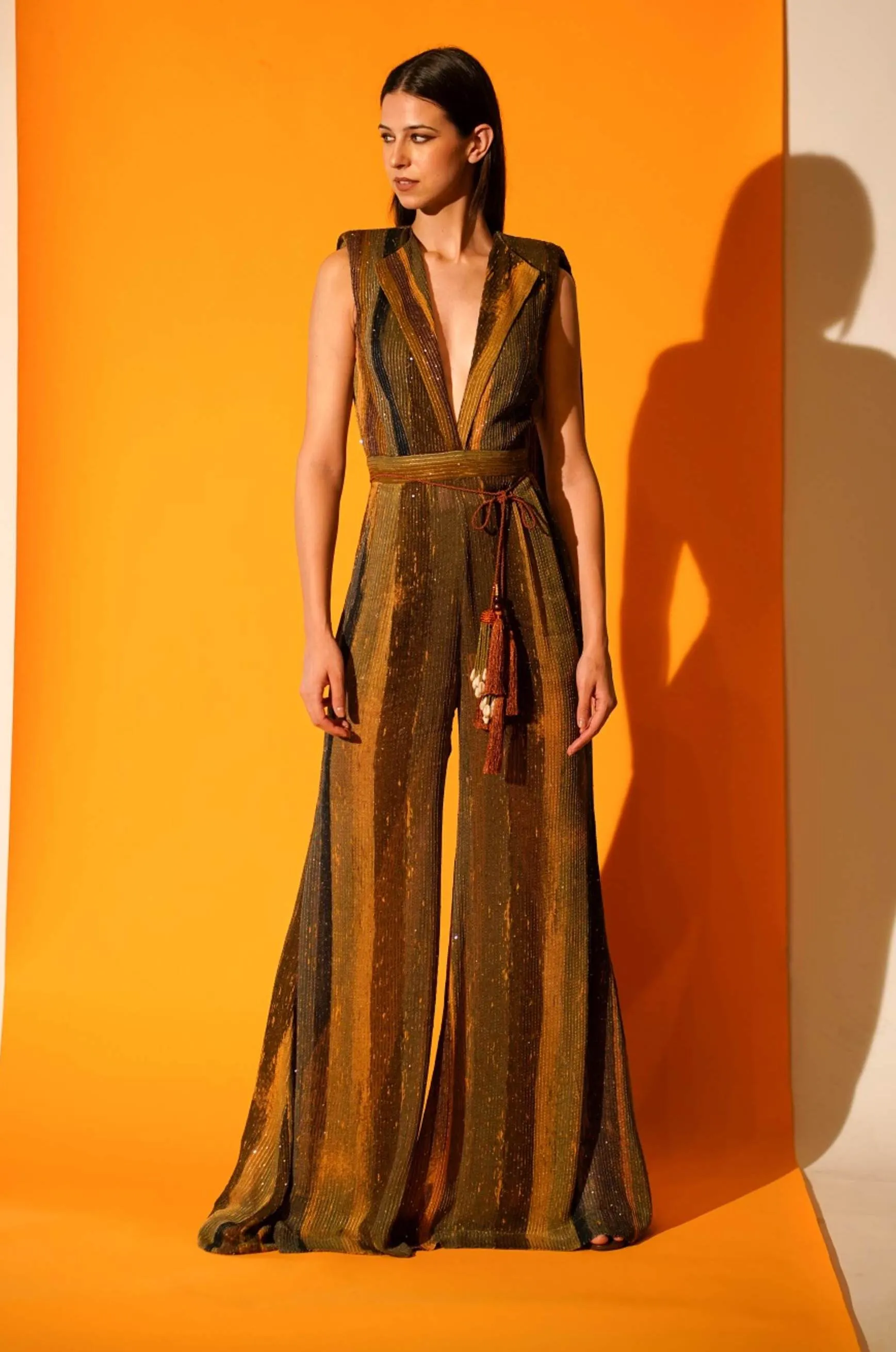 Green Stripe Print Jumpsuit Saree