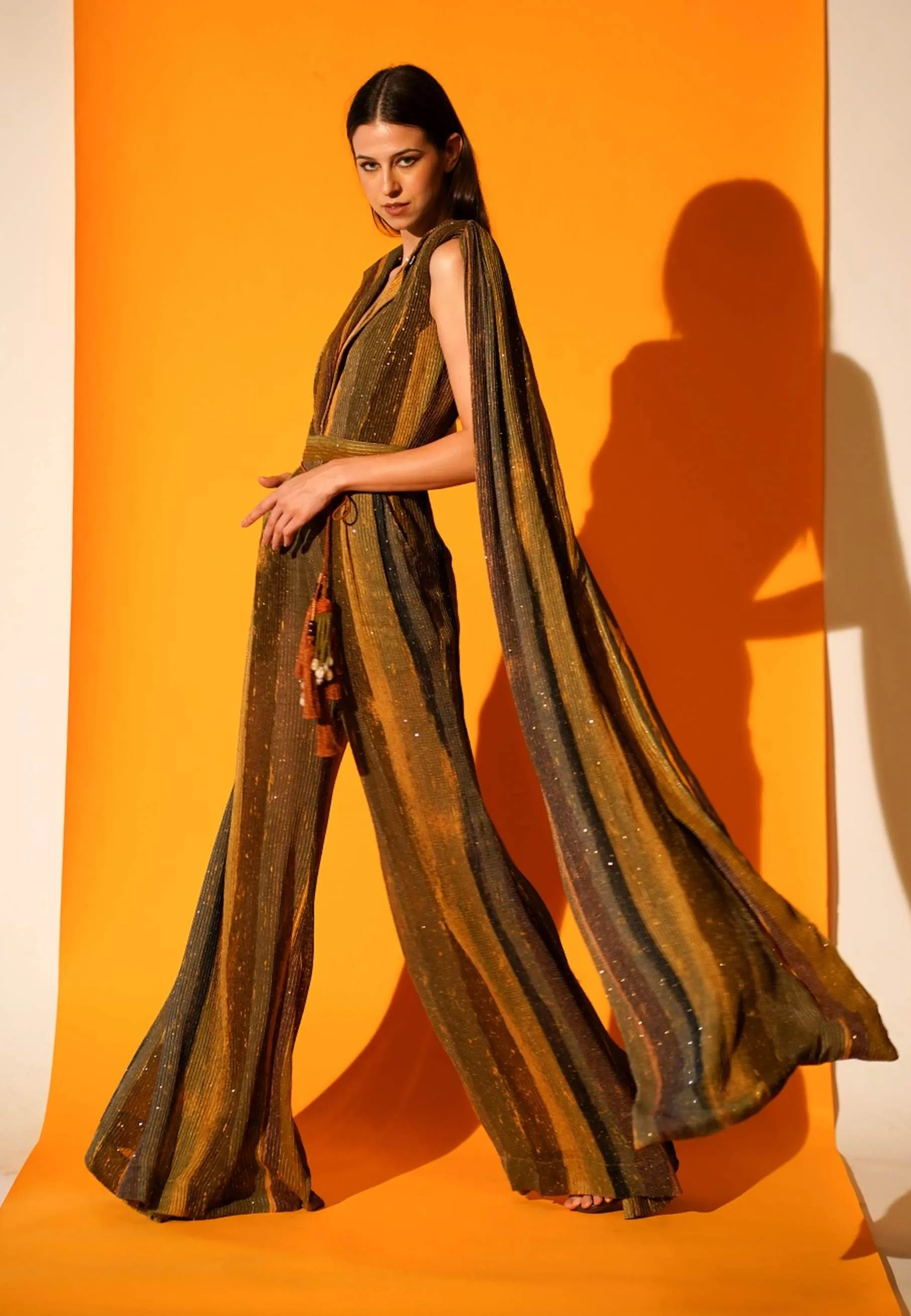 Green Stripe Print Jumpsuit Saree