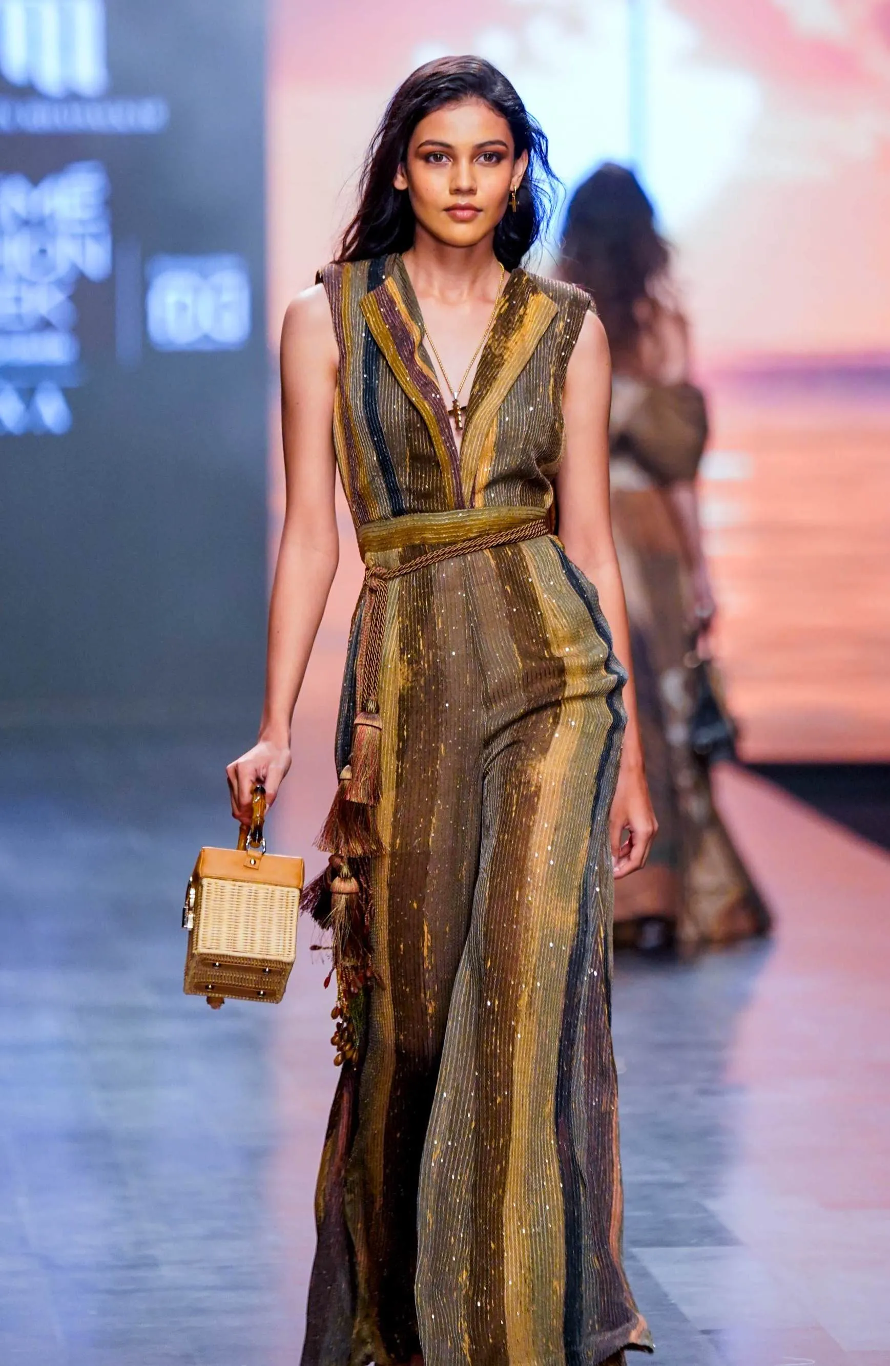 Green Stripe Print Jumpsuit Saree