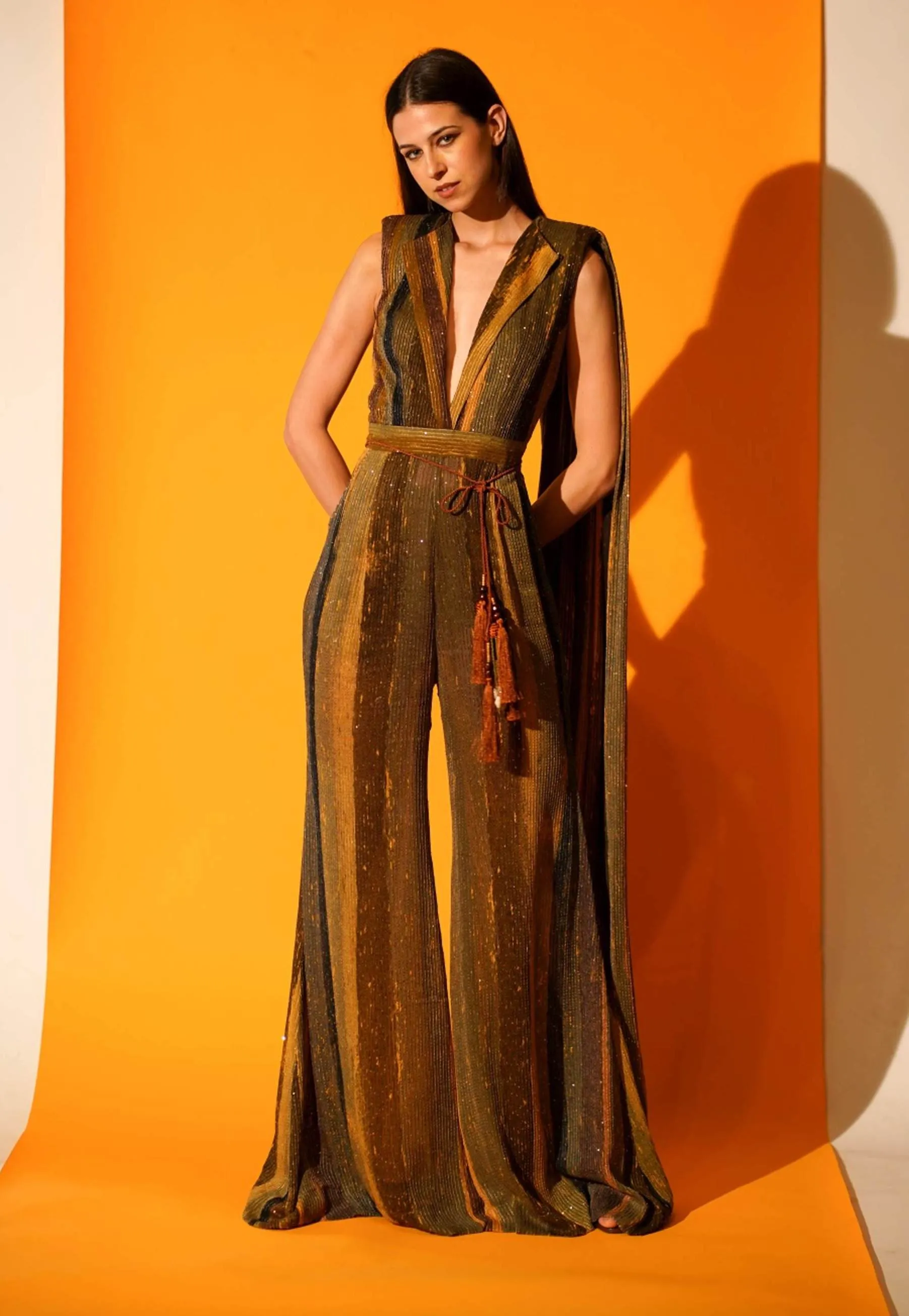 Green Stripe Print Jumpsuit Saree