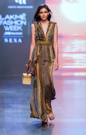 Green Stripe Print Jumpsuit Saree