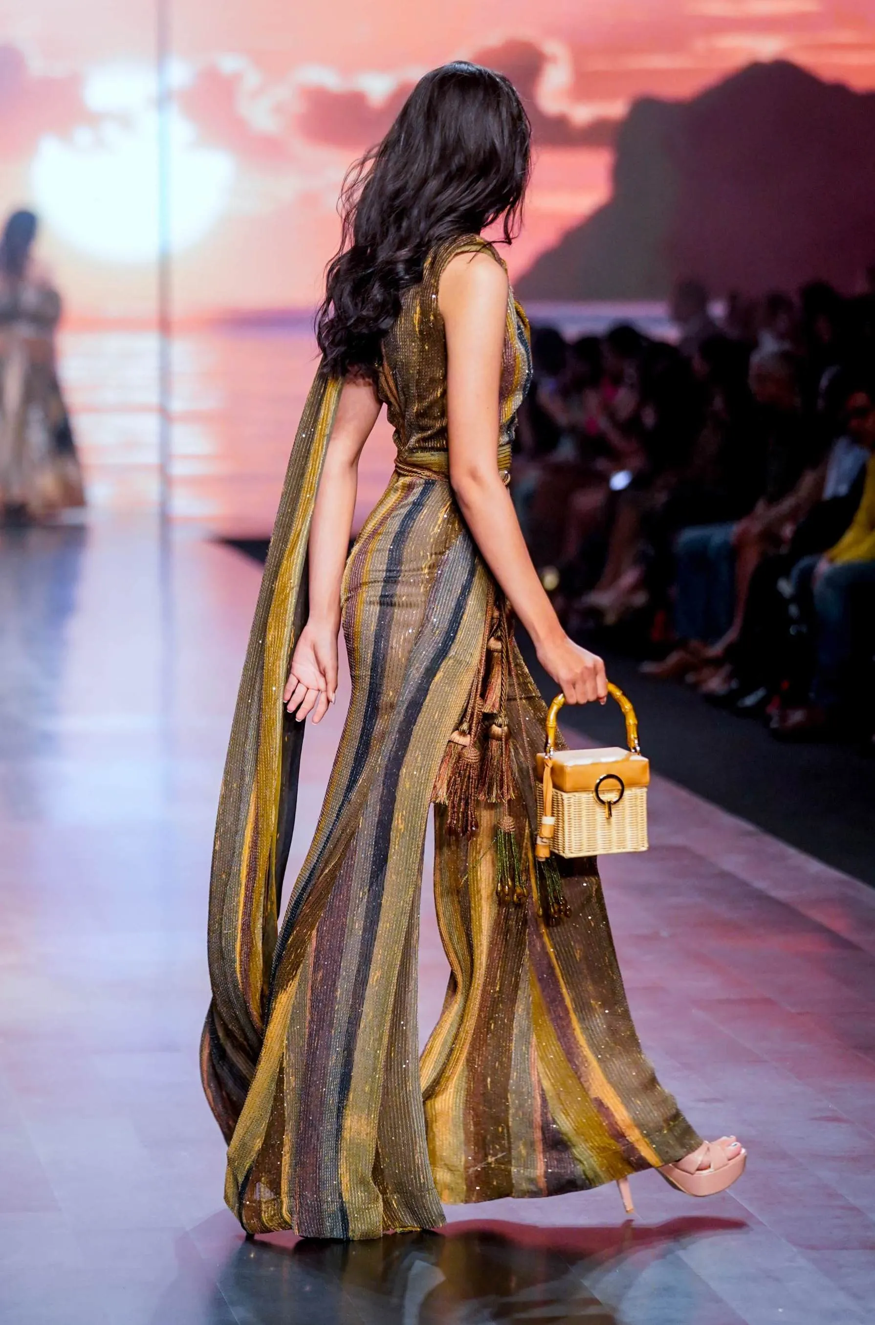 Green Stripe Print Jumpsuit Saree