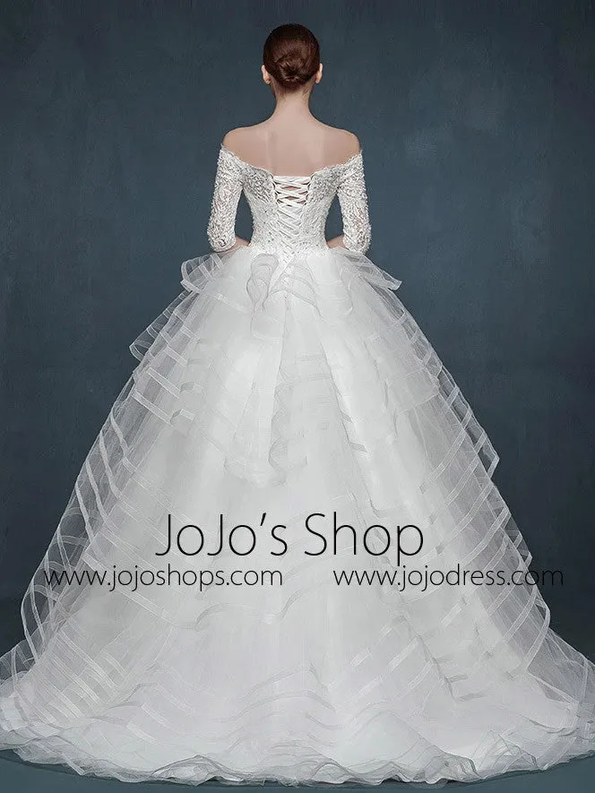 Half Sleeve Off Shoulder Modern Striped Ball Gown Wedding Dress