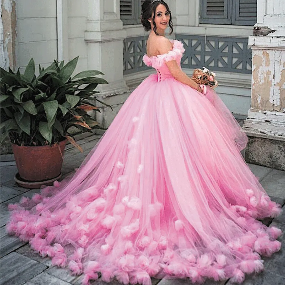 handmade flower pink wedding dresses for bride off the shoulder elegant cheap wedding ball gown