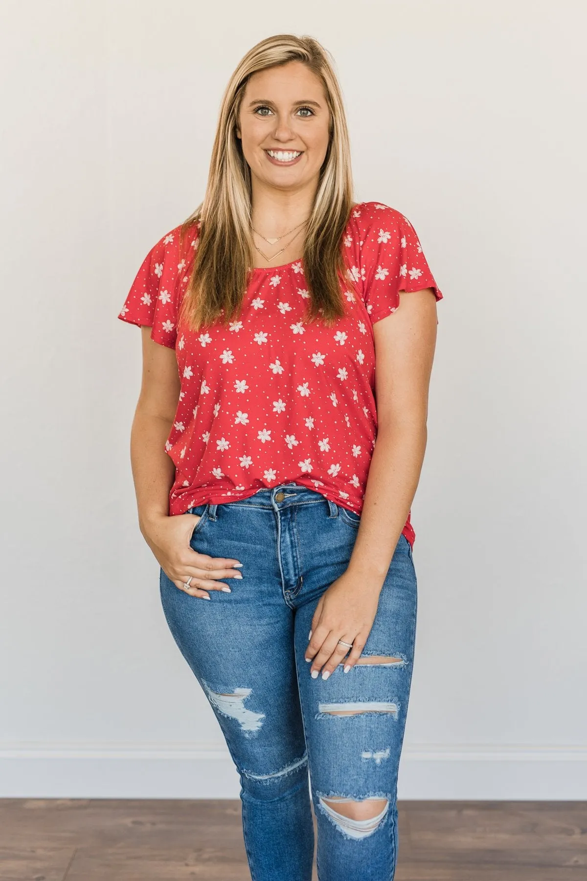 Happier Than Ever Floral Tie Top- Red