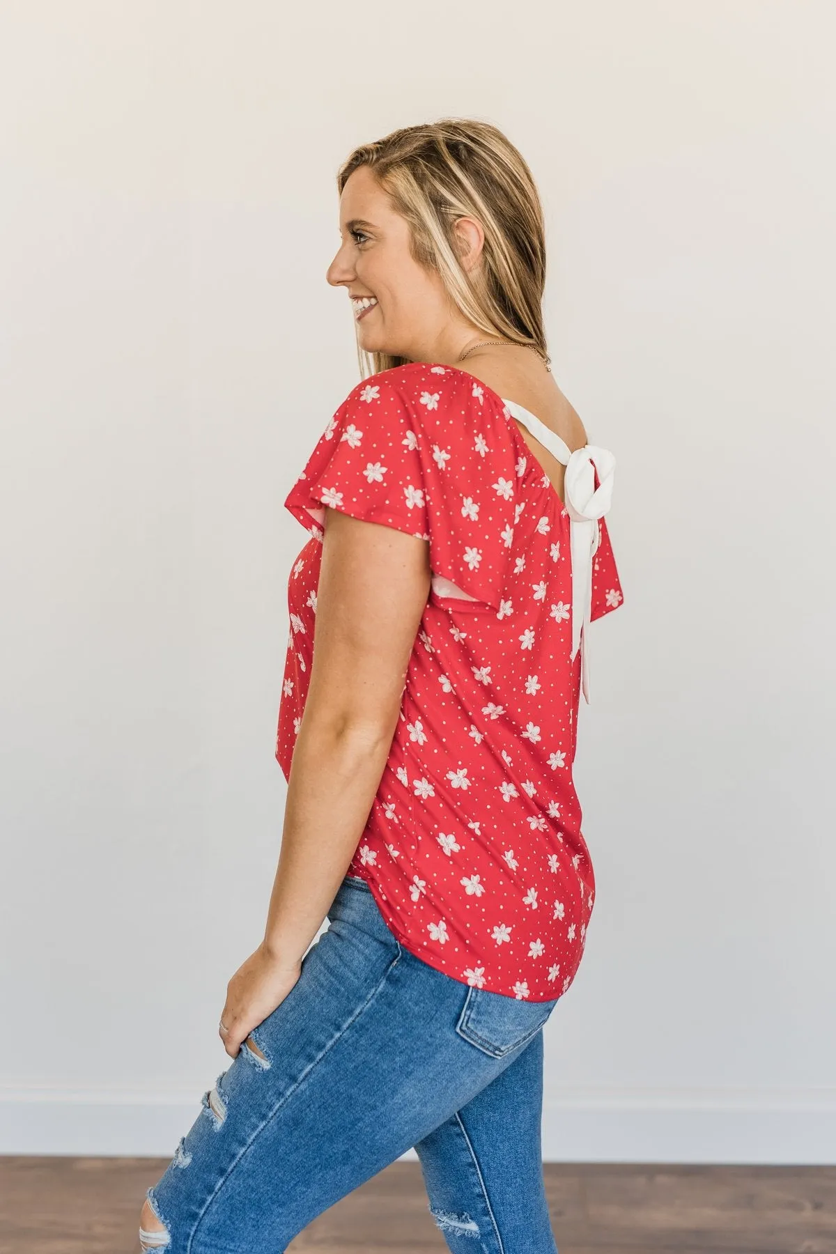 Happier Than Ever Floral Tie Top- Red
