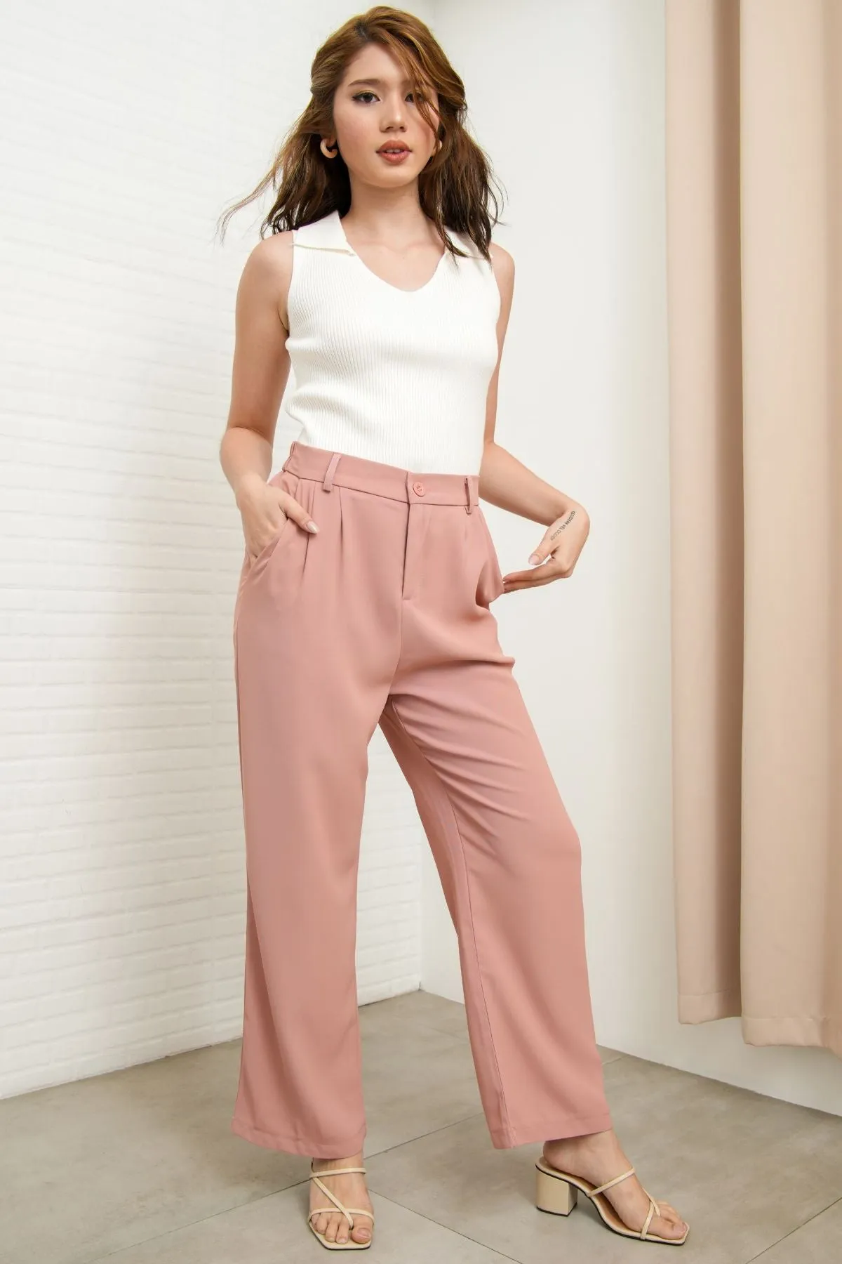 HARVEY High-Waist Tailored Straight Leg Trousers (Blush Pink)