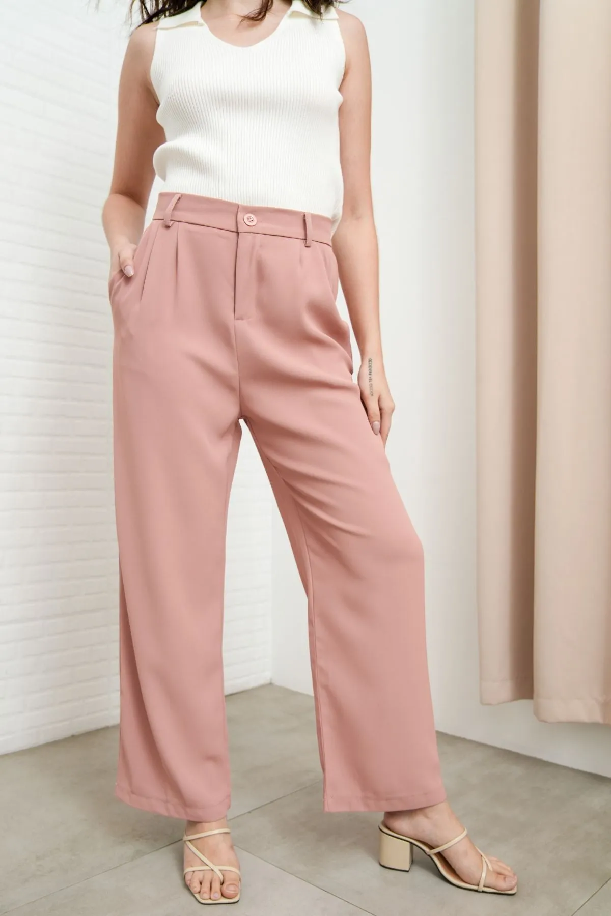 HARVEY High-Waist Tailored Straight Leg Trousers (Blush Pink)