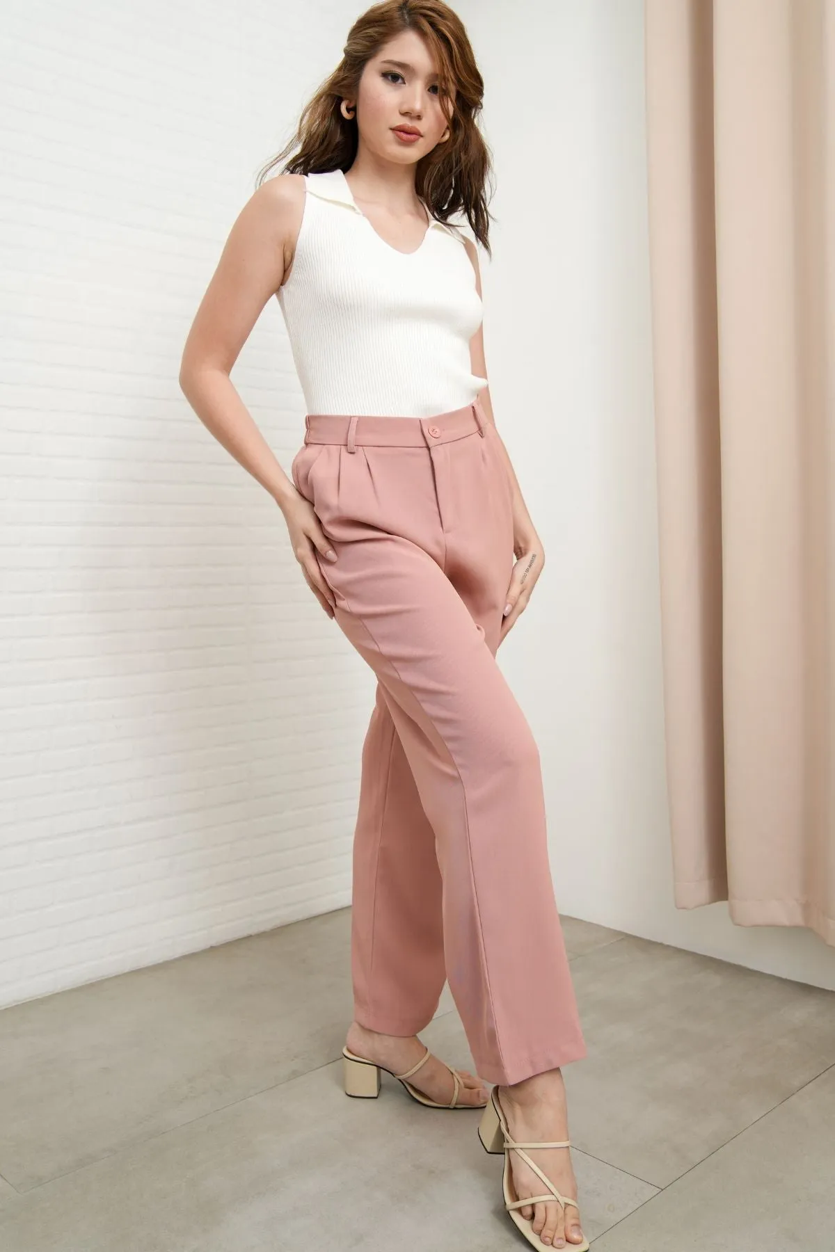 HARVEY High-Waist Tailored Straight Leg Trousers (Blush Pink)