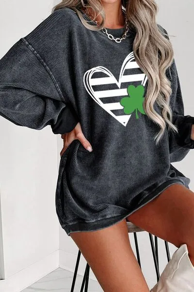 Heart Lucky Clover Round Neck Dropped Shoulder Sweatshirt