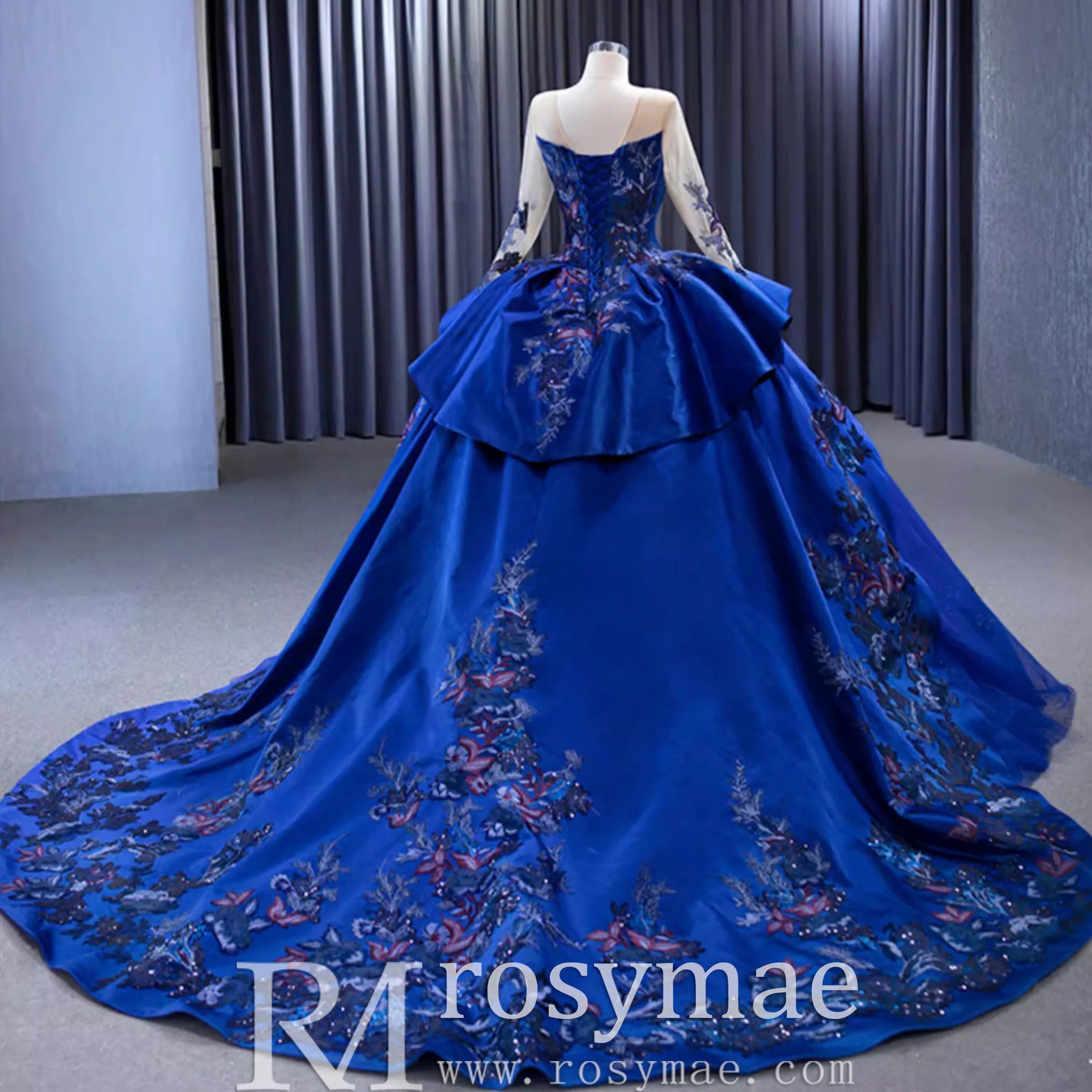High-end Blue Ball Gown Ruffle Skirt Wedding Dress with Long Sleeve