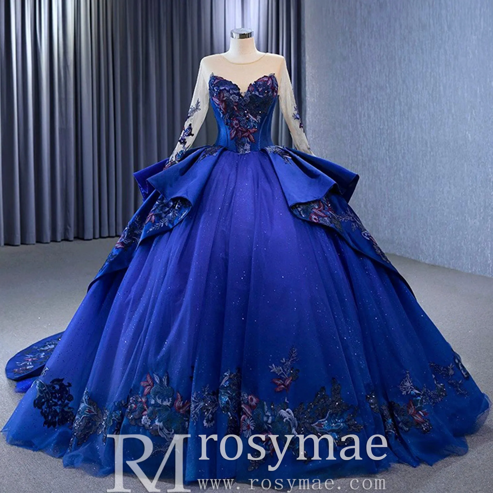 High-end Blue Ball Gown Ruffle Skirt Wedding Dress with Long Sleeve
