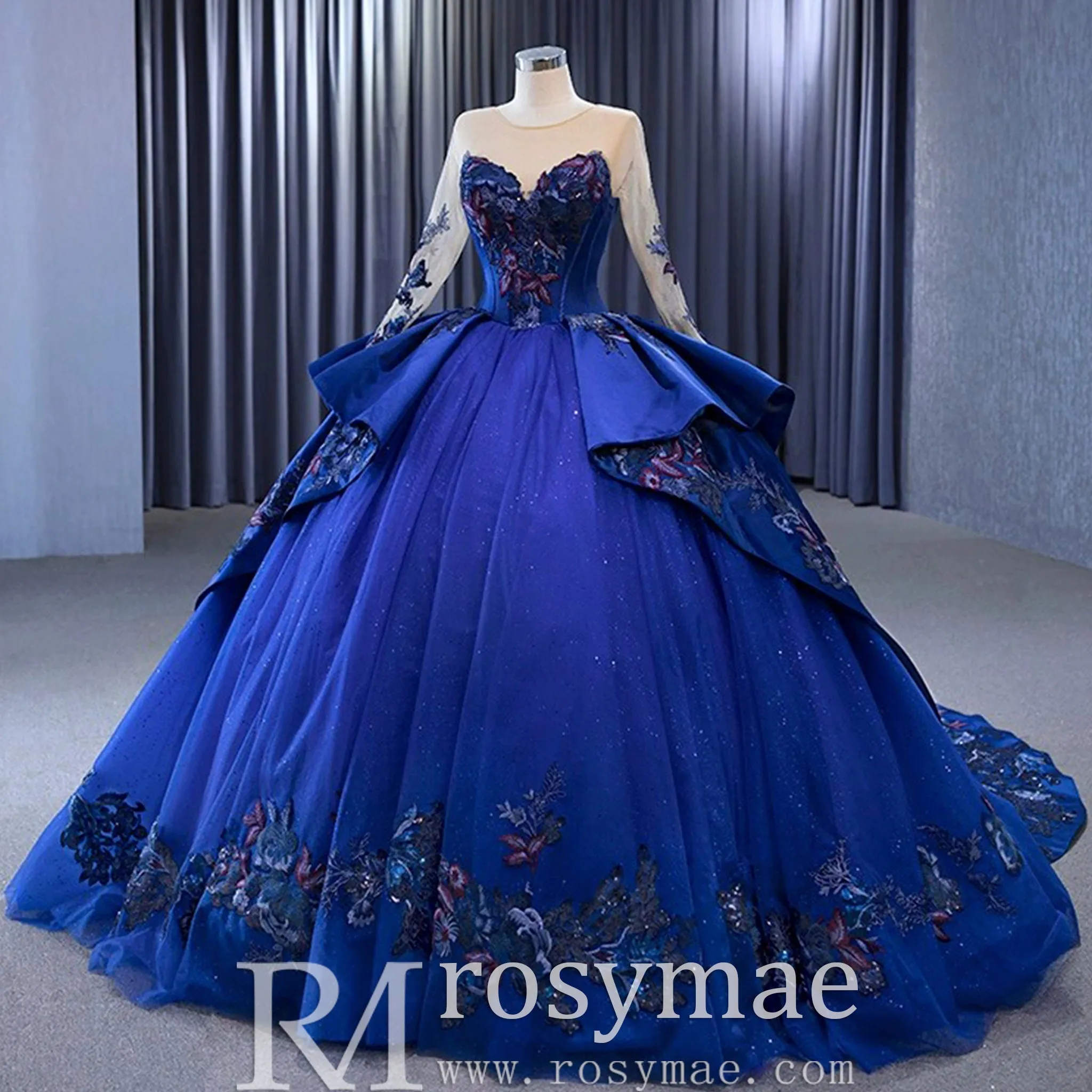 High-end Blue Ball Gown Ruffle Skirt Wedding Dress with Long Sleeve