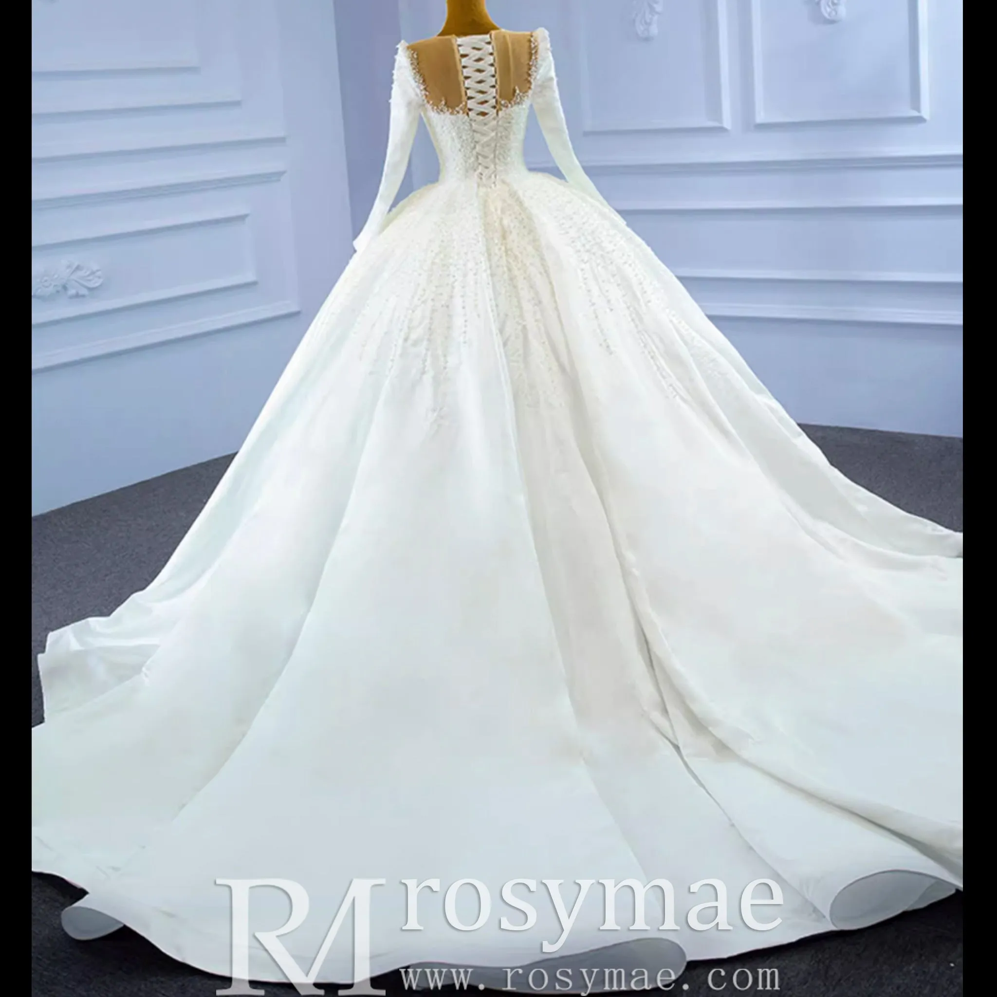 High Neck Satin Ball Gown Puffy Wedding Dress with Sheer Long Sleeves