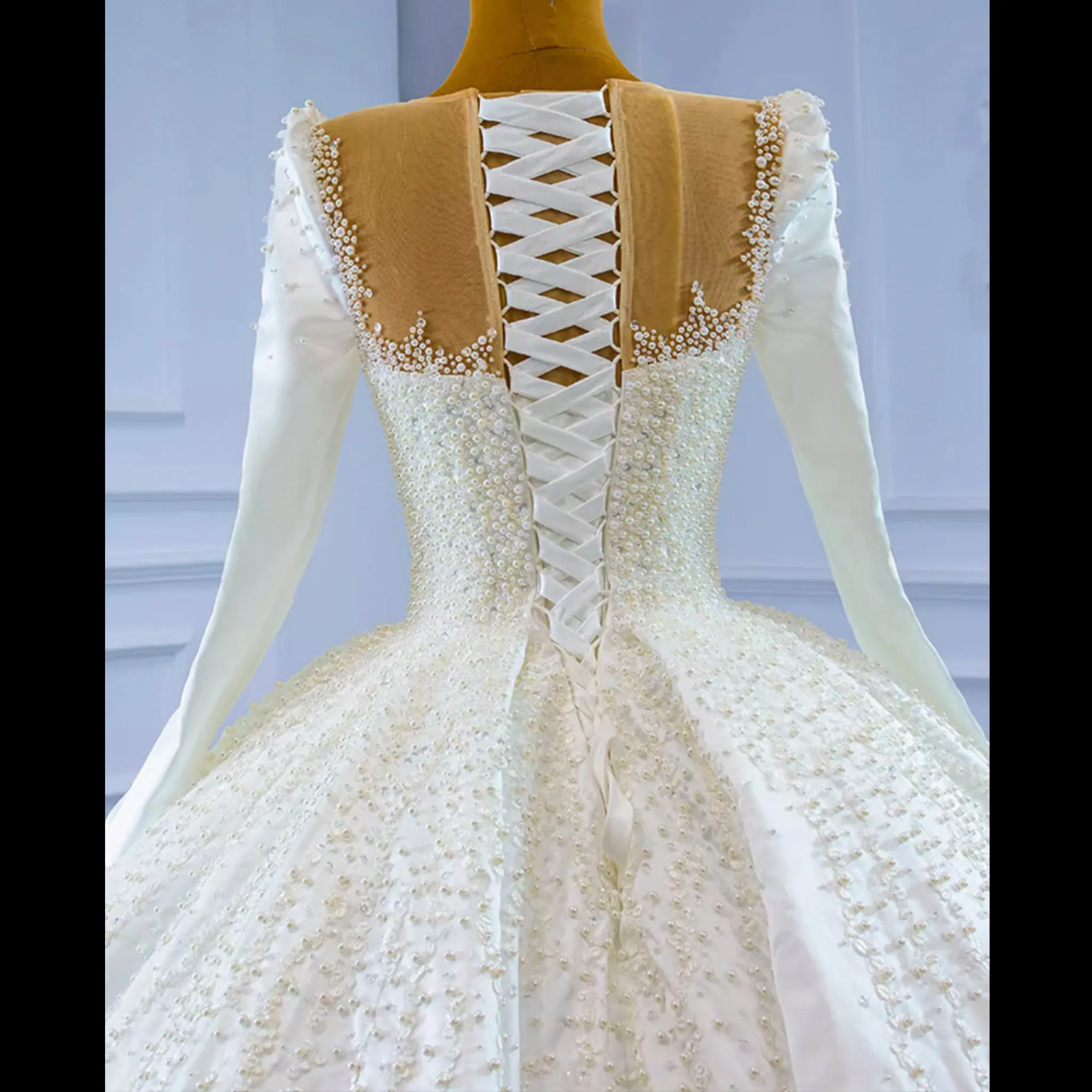 High Neck Satin Ball Gown Puffy Wedding Dress with Sheer Long Sleeves