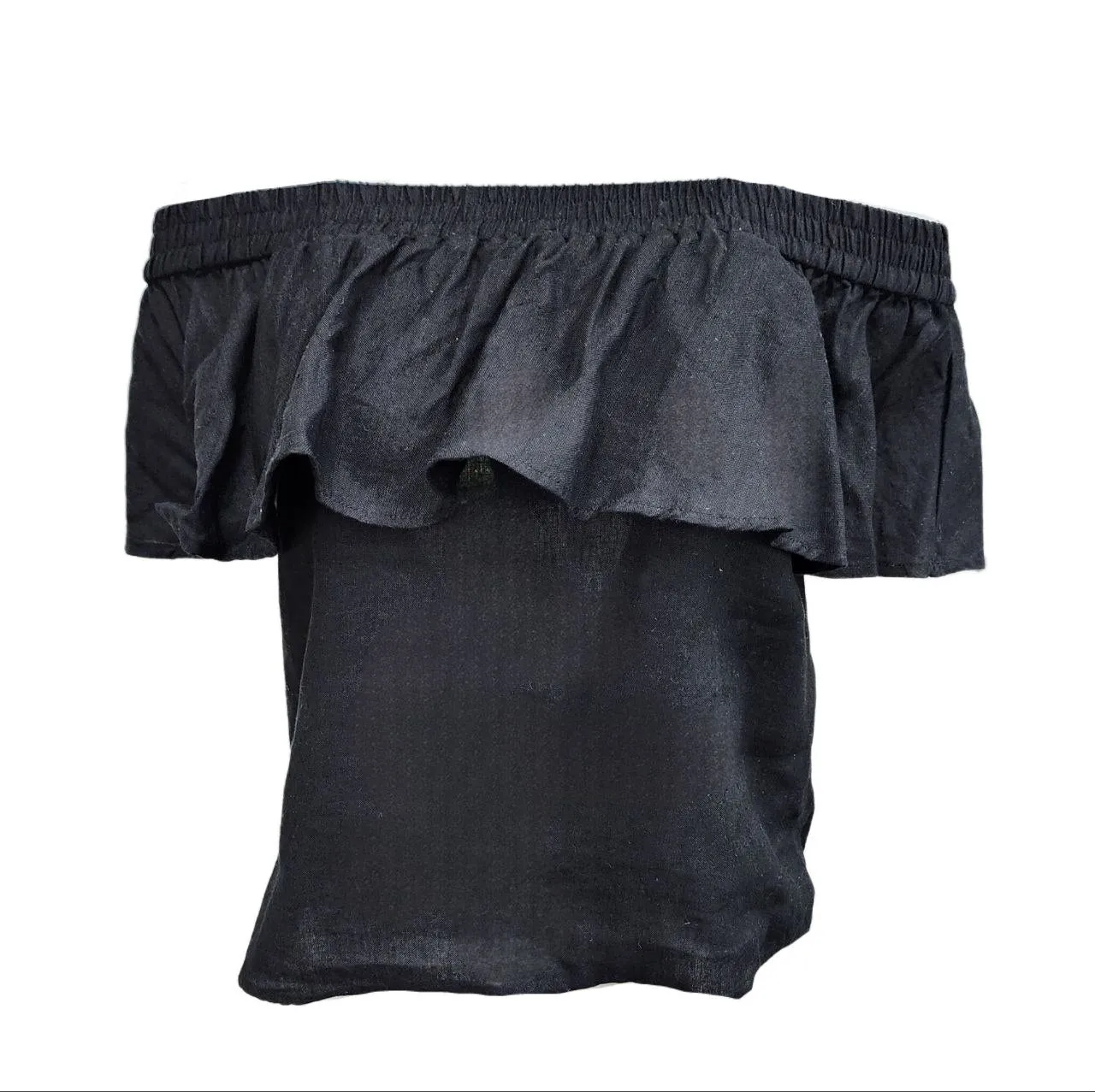HoodLamb Women's Black Ruffle Off Shoulder Hemp Top 420 NWT