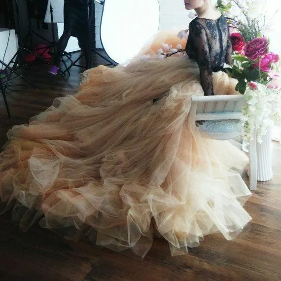 Illusion Black Lace Wedding Dress with Blush Tulle Skirt