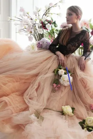 Illusion Black Lace Wedding Dress with Blush Tulle Skirt