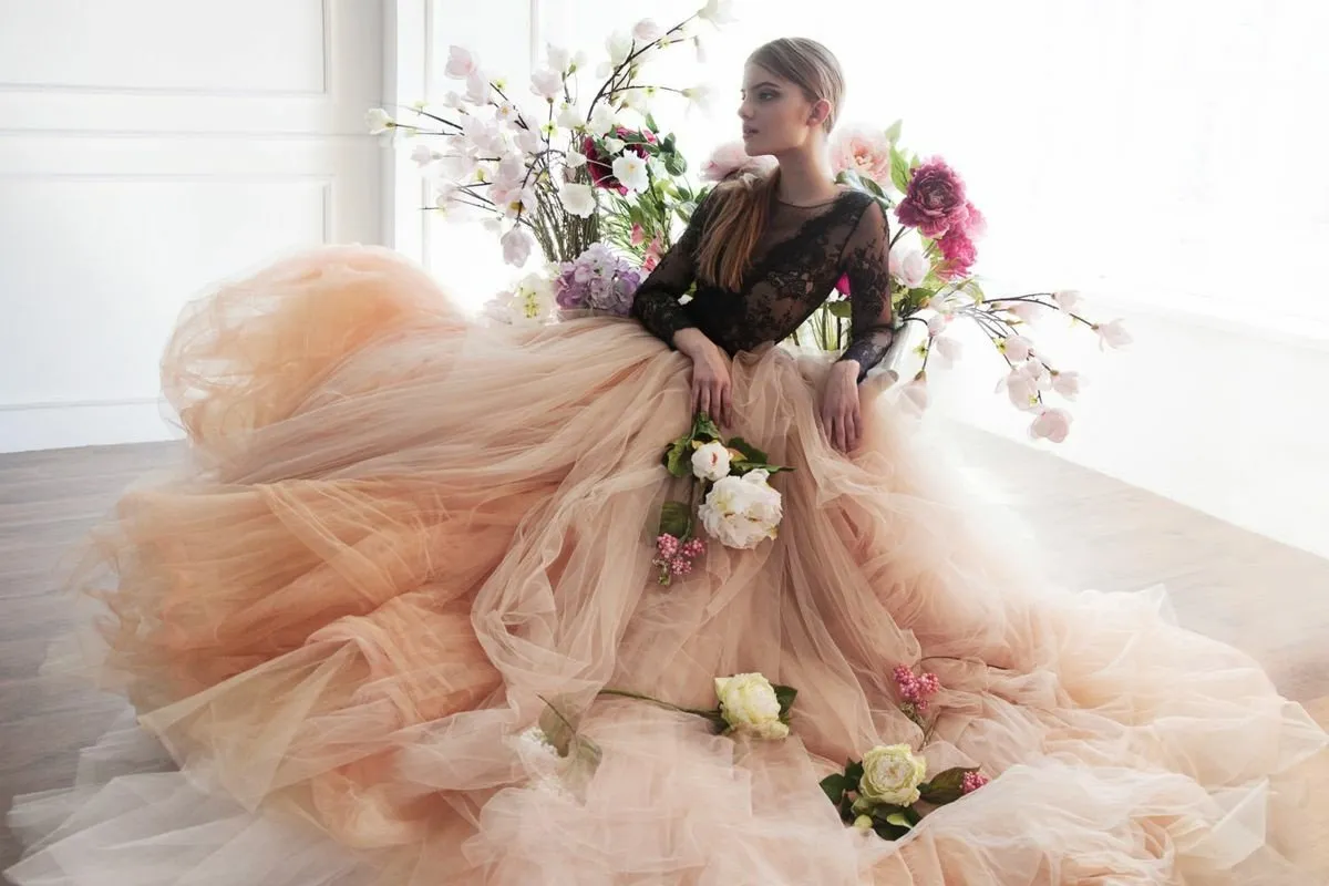 Illusion Black Lace Wedding Dress with Blush Tulle Skirt