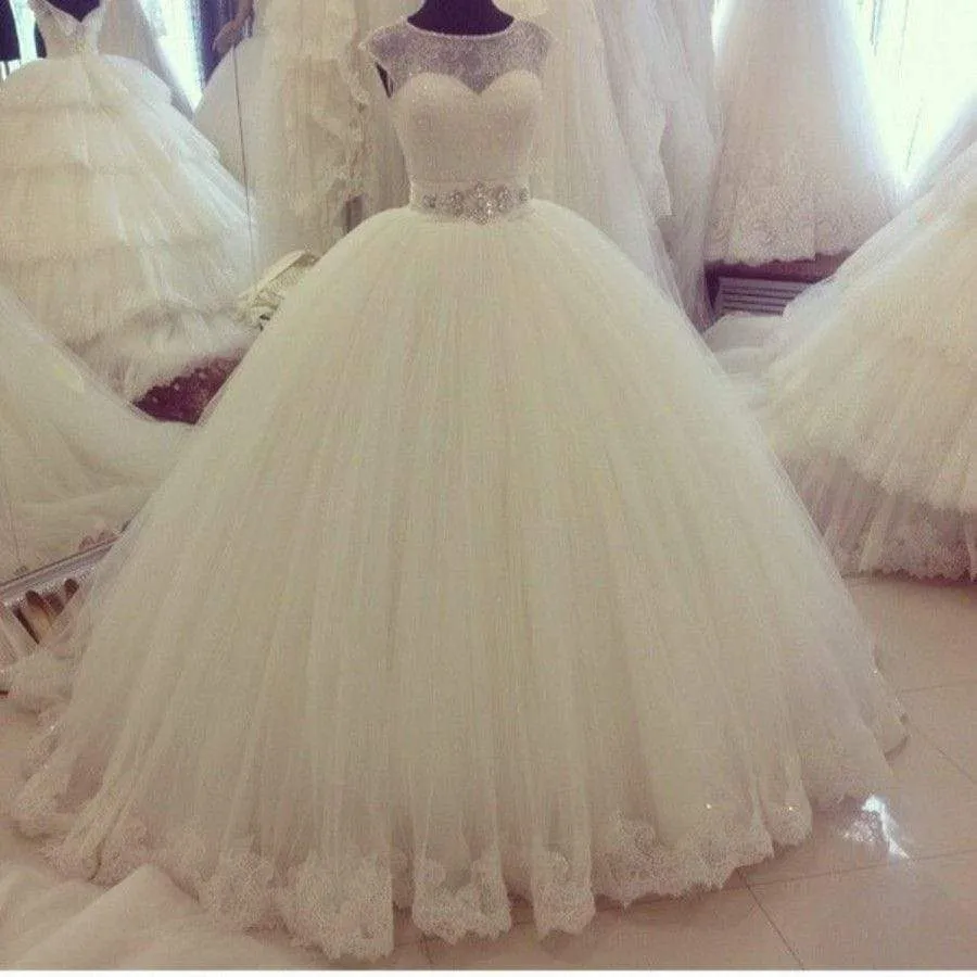 Illusion Lace Ball Gown Wedding Dress Ivory Tulle Skirt
