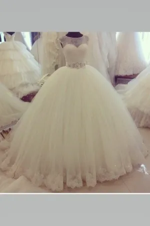Illusion Lace Ball Gown Wedding Dress Ivory Tulle Skirt