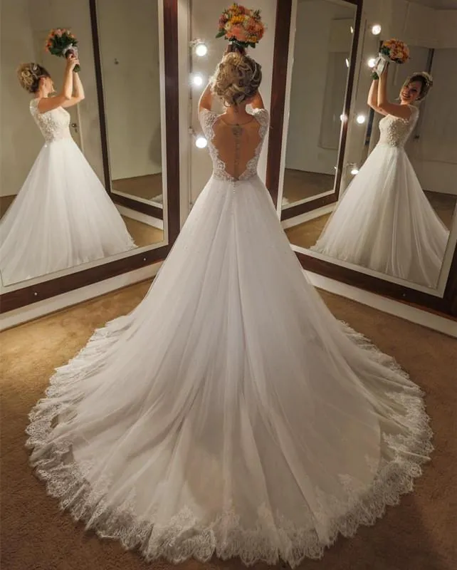 Illusion Lace Beaded Wedding Dress with Cap Sleeves