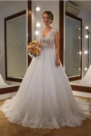 Illusion Lace Beaded Wedding Dress with Cap Sleeves