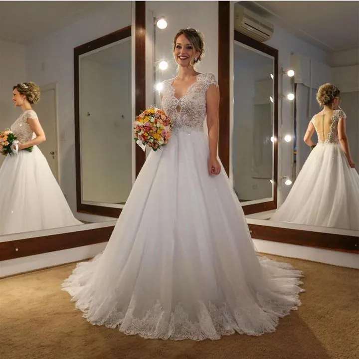 Illusion Lace Beaded Wedding Dress with Cap Sleeves