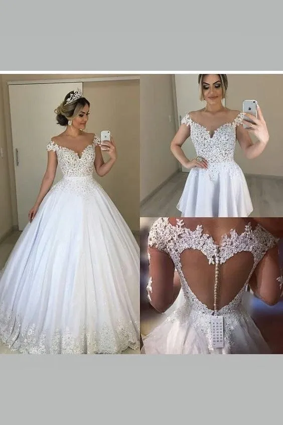 Illusion Lace Cap-sleeved Bridal Dresses with Removable Skirt