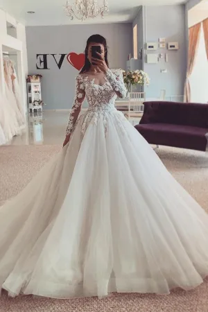 Illusion Neckline Tulle Wedding Gown with Flower Lace Sleeves