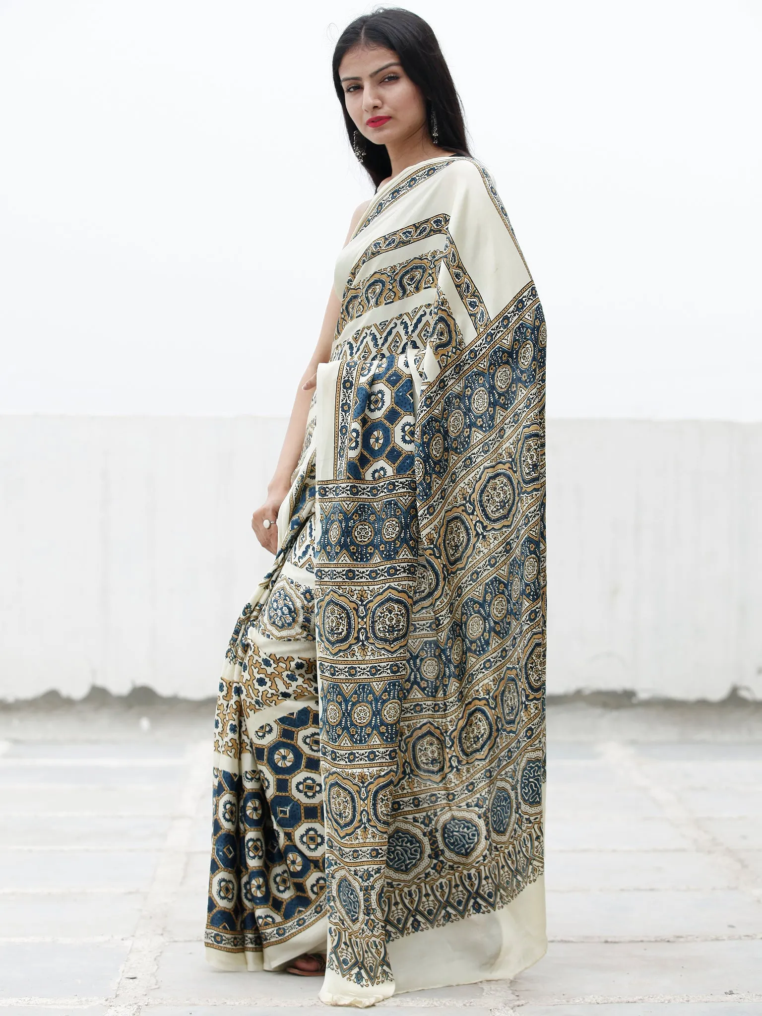 Ivory Indigo Black Brown Ajrakh Hand Block Printed Modal Silk Saree in Natural Colors - S031703707