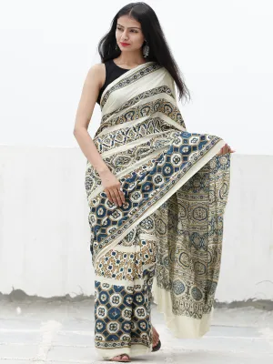 Ivory Indigo Black Brown Ajrakh Hand Block Printed Modal Silk Saree in Natural Colors - S031703707