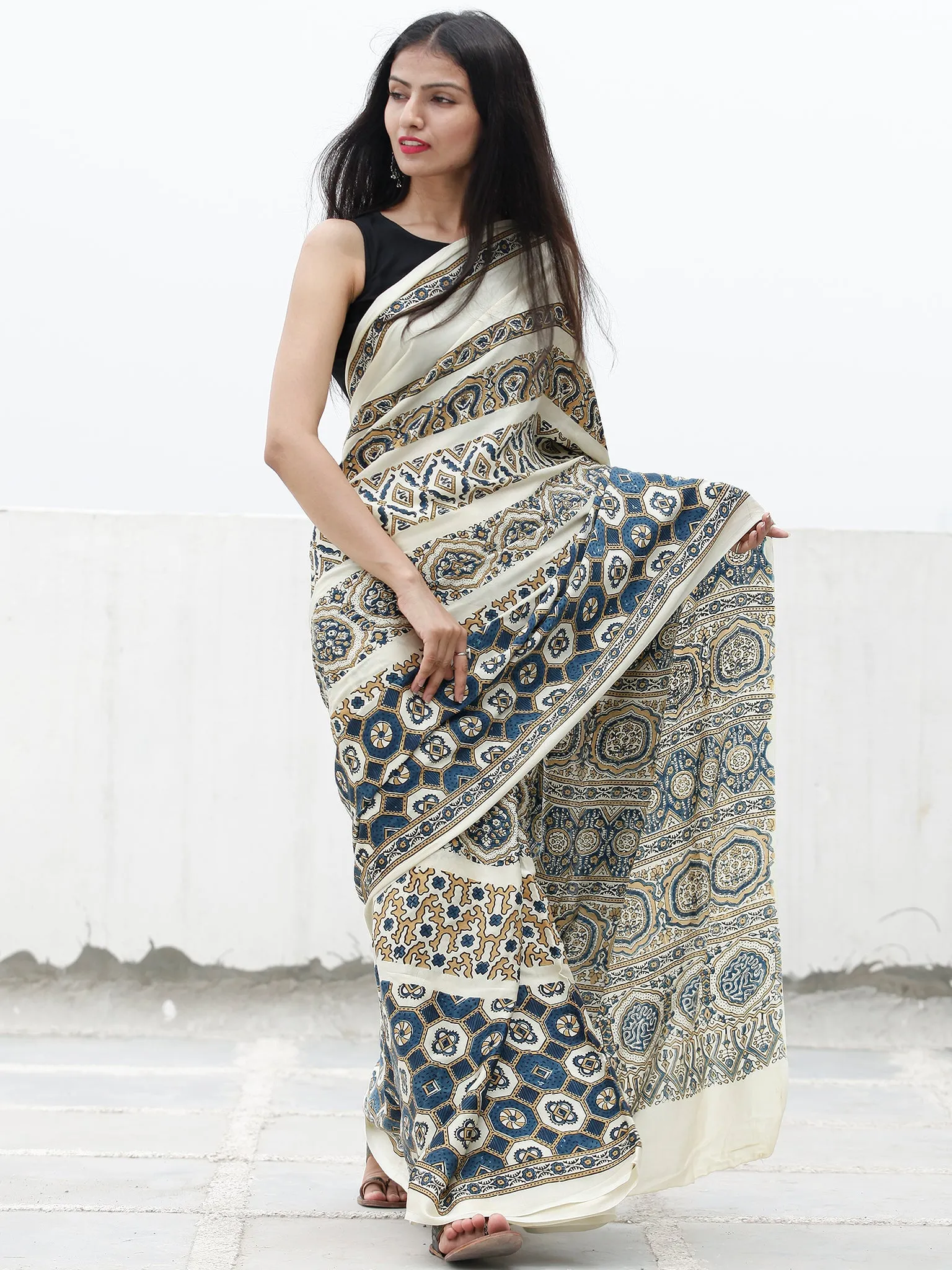 Ivory Indigo Black Brown Ajrakh Hand Block Printed Modal Silk Saree in Natural Colors - S031703707