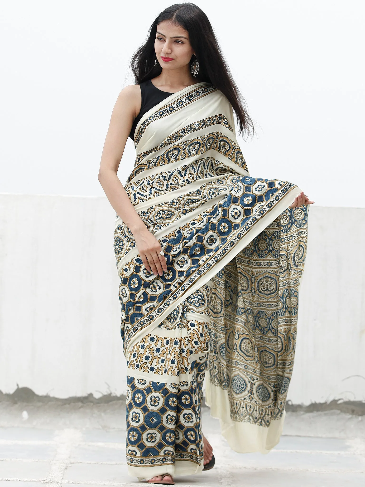 Ivory Indigo Black Brown Ajrakh Hand Block Printed Modal Silk Saree in Natural Colors - S031703707