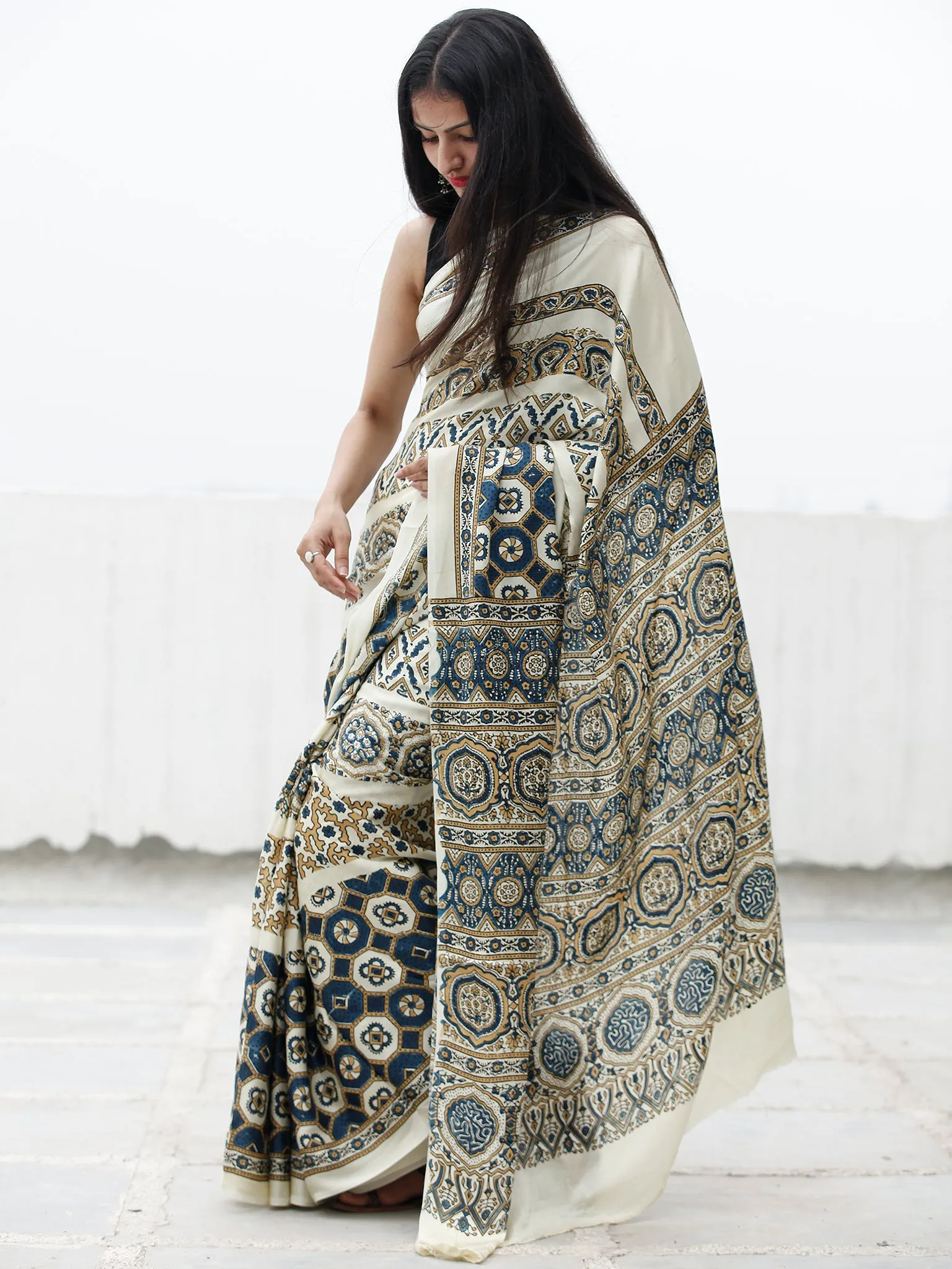 Ivory Indigo Black Brown Ajrakh Hand Block Printed Modal Silk Saree in Natural Colors - S031703707