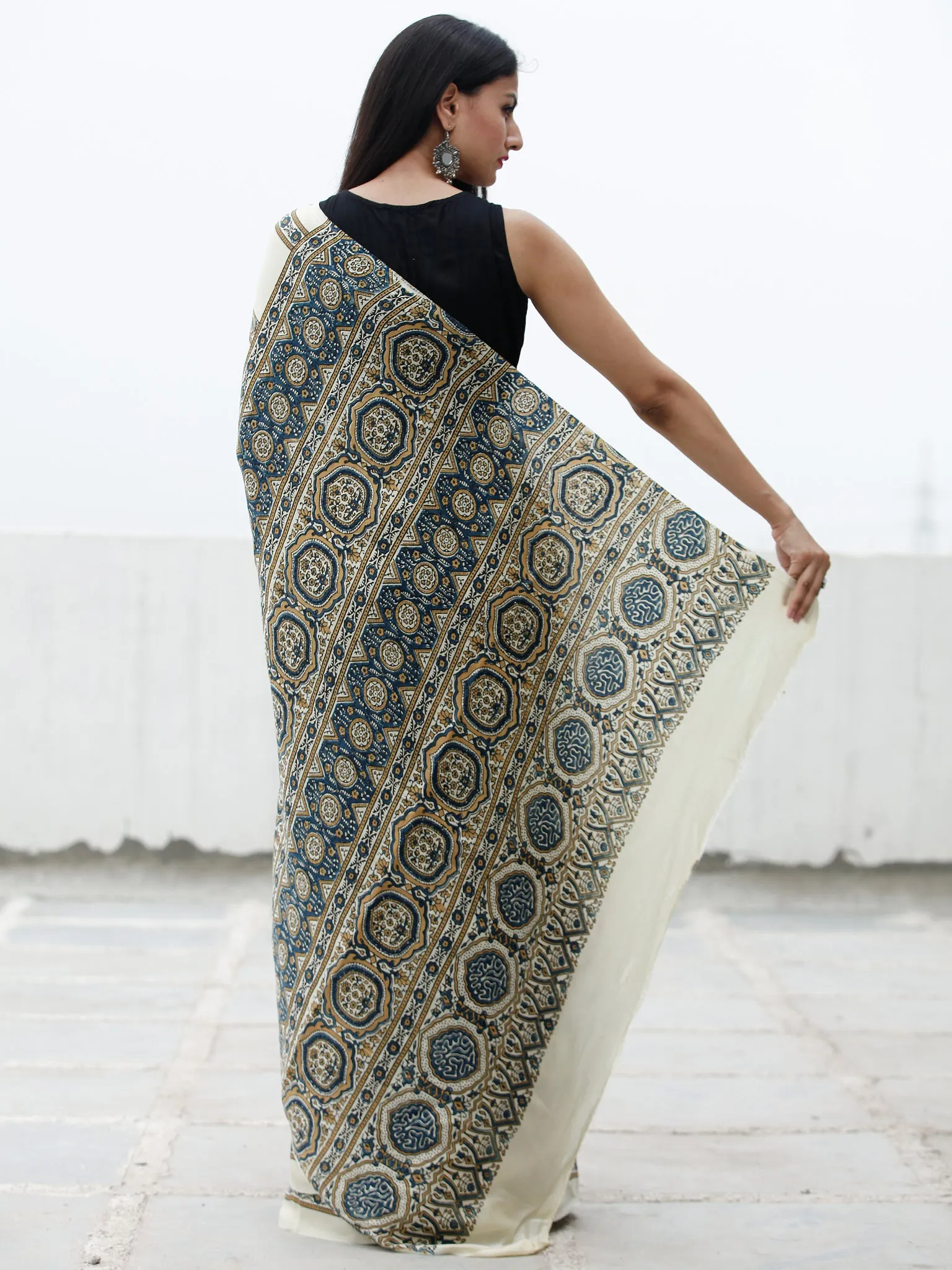 Ivory Indigo Black Brown Ajrakh Hand Block Printed Modal Silk Saree in Natural Colors - S031703707