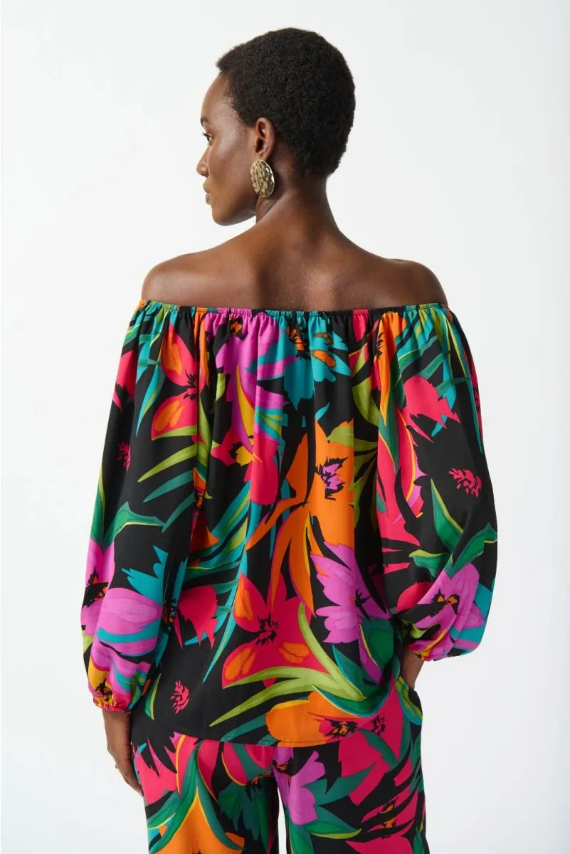 Joseph Ribkoff Black/Multi Floral Print Off-Shoulder Puff Sleeve Top 242175