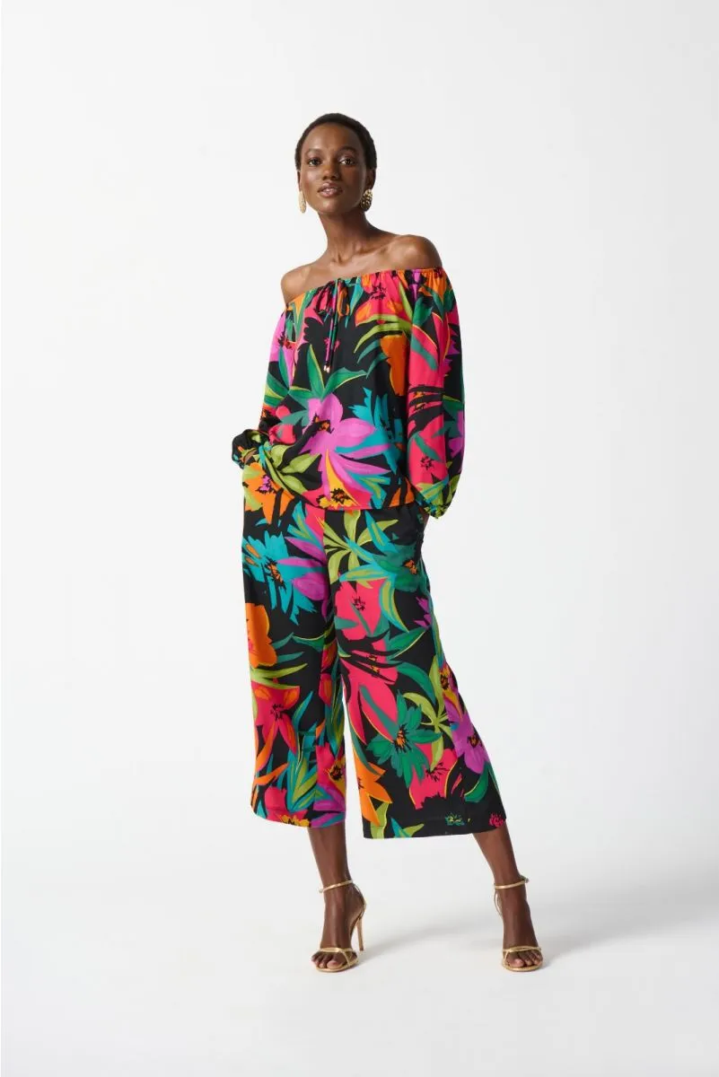 Joseph Ribkoff Black/Multi Floral Print Off-Shoulder Puff Sleeve Top 242175