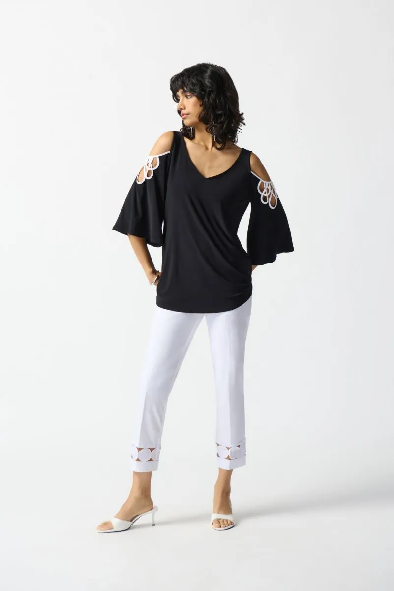 Joseph Ribkoff Black/Off-White Contrast Trim Cutout Cold Shoulder Sleeve Top 242017
