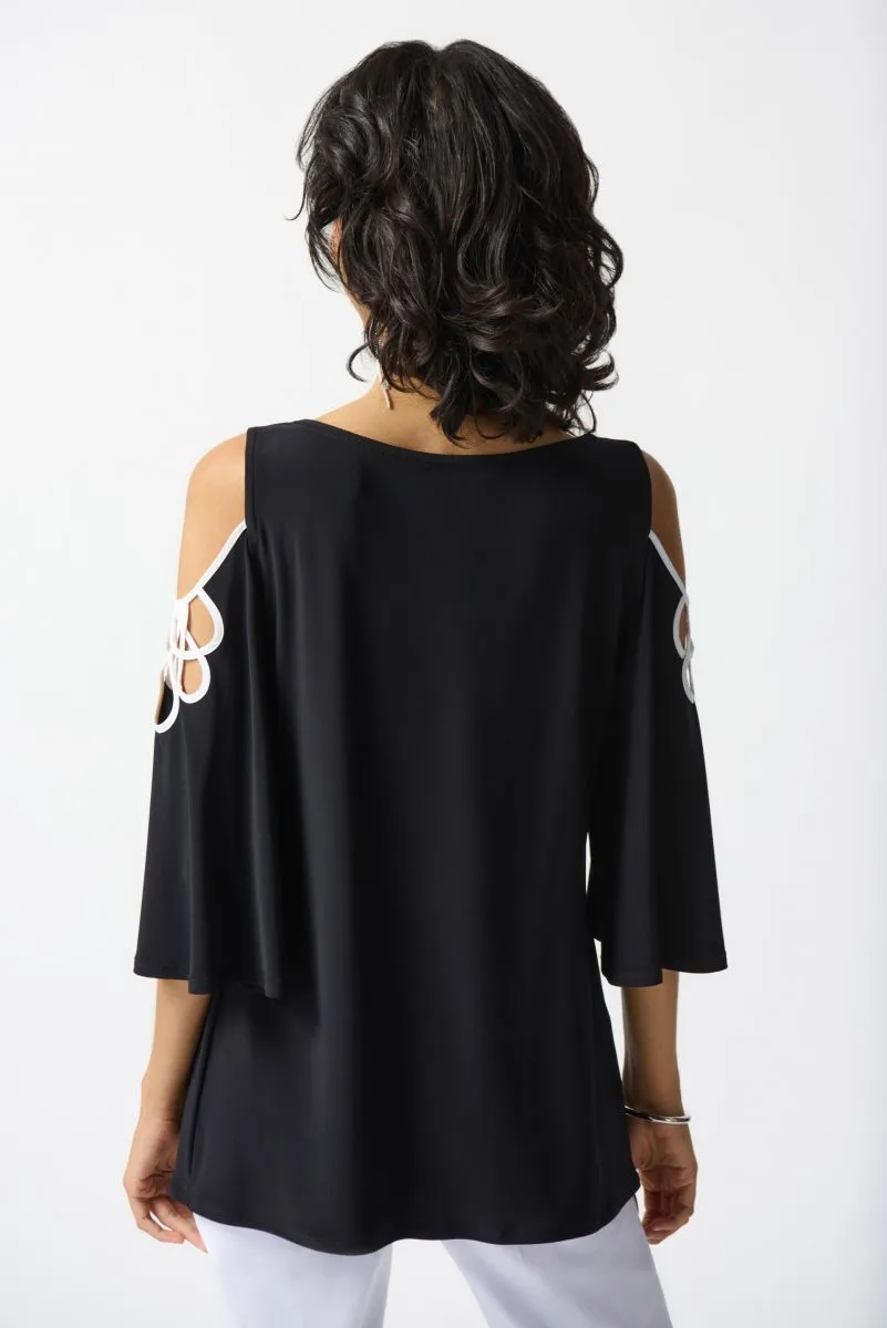 Joseph Ribkoff Black/Off-White Contrast Trim Cutout Cold Shoulder Sleeve Top 242017