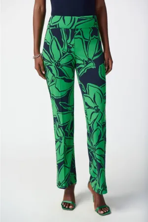 Joseph Ribkoff Midnight Blue/Green Floral Print Pull On Relaxed Straight Pants 241254