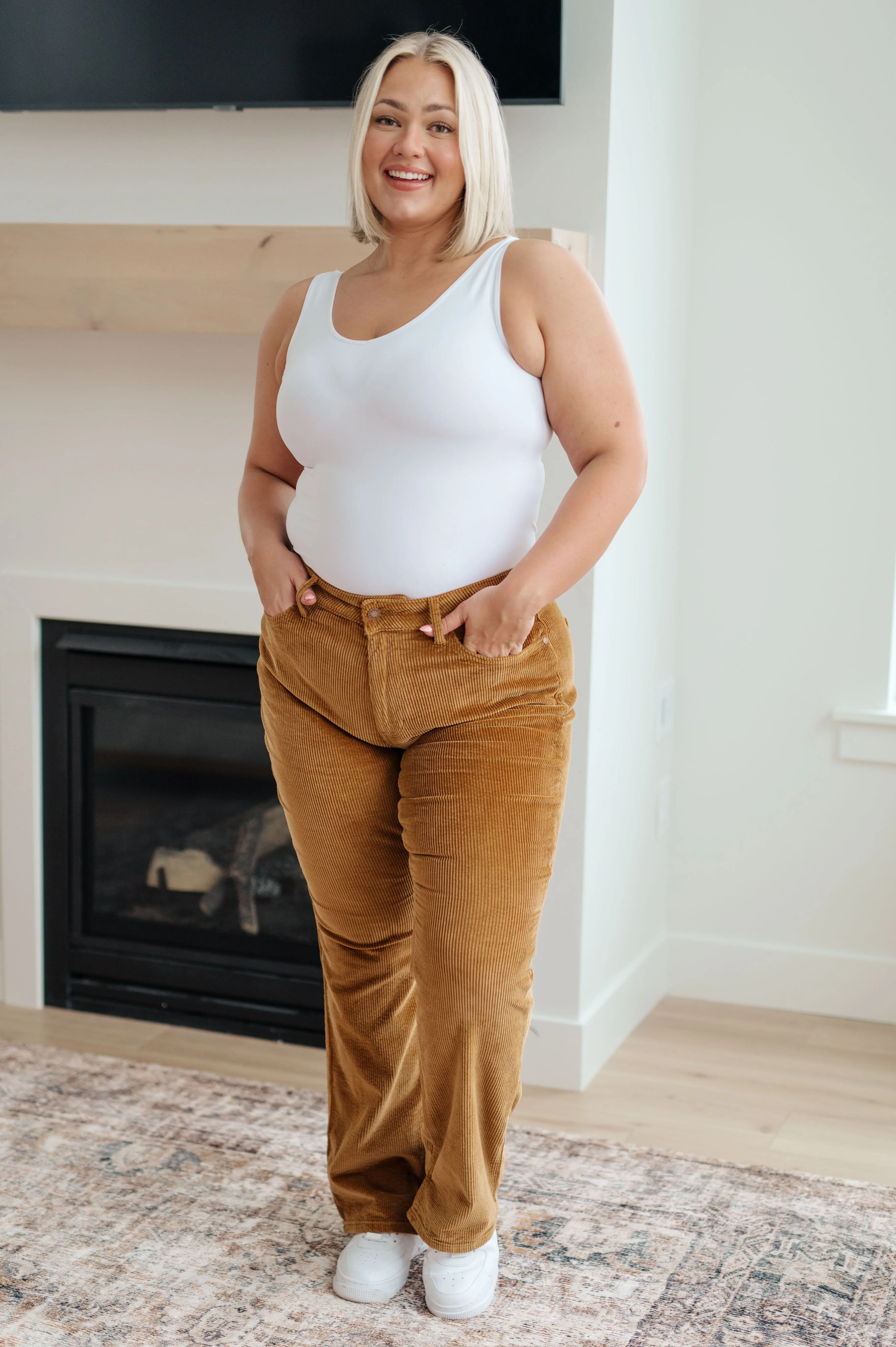 JUDY BLUE Cordelia Bootcut Corduroy Pants in Camel