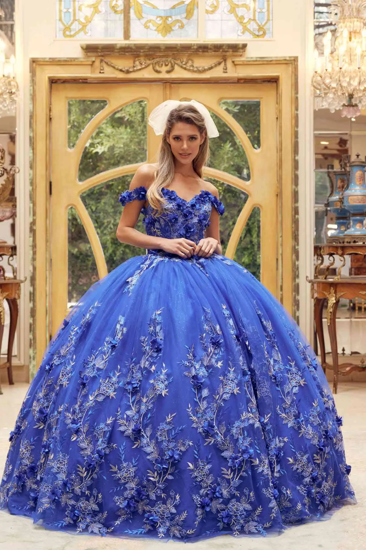 Juliet 1447 Long 3D Floral Appliques Off Shoulder Poofy Ball Gown