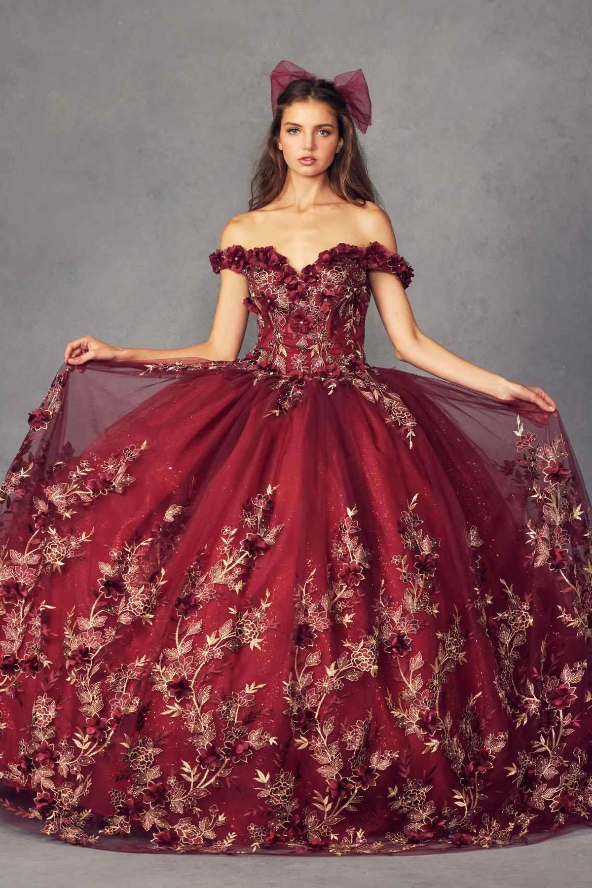 Juliet 1447 Long 3D Floral Appliques Off Shoulder Poofy Ball Gown