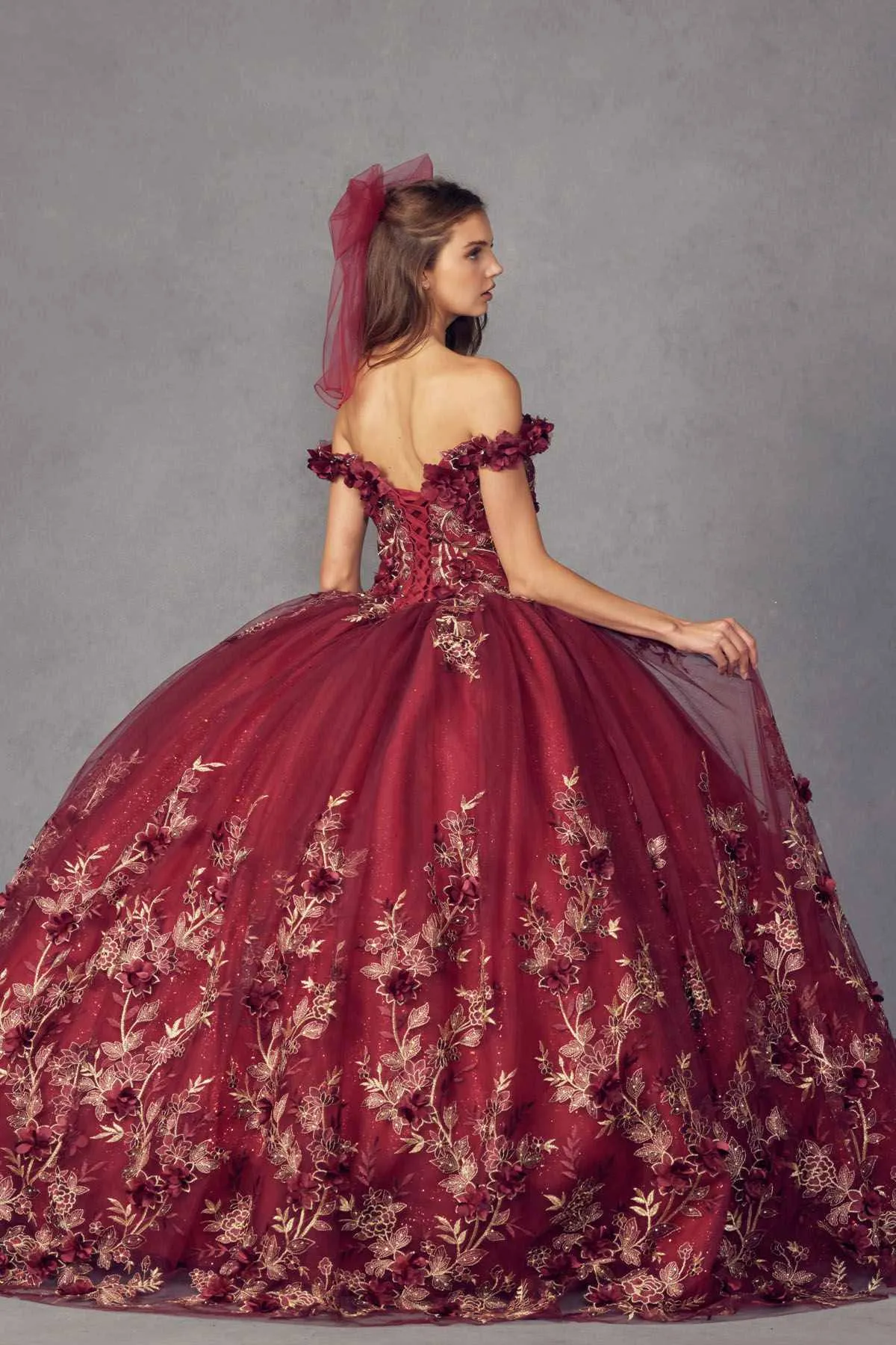 Juliet 1447 Long 3D Floral Appliques Off Shoulder Poofy Ball Gown