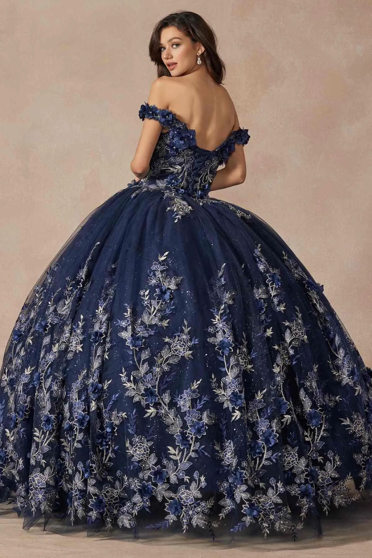 Juliet 1447 Long 3D Floral Appliques Off Shoulder Poofy Ball Gown