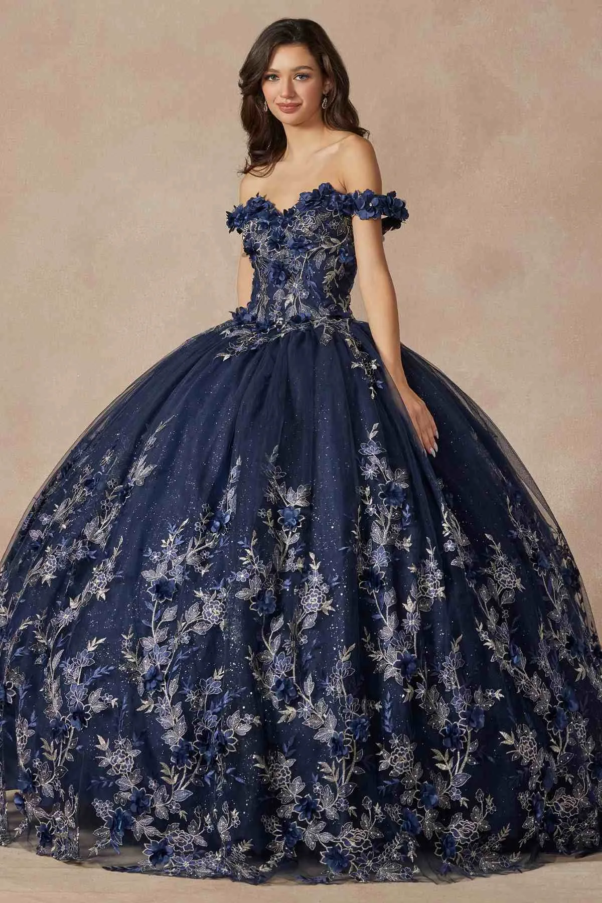Juliet 1447 Long 3D Floral Appliques Off Shoulder Poofy Ball Gown