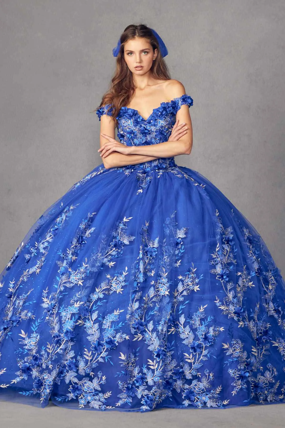 Juliet 1447 Long 3D Floral Appliques Off Shoulder Poofy Ball Gown